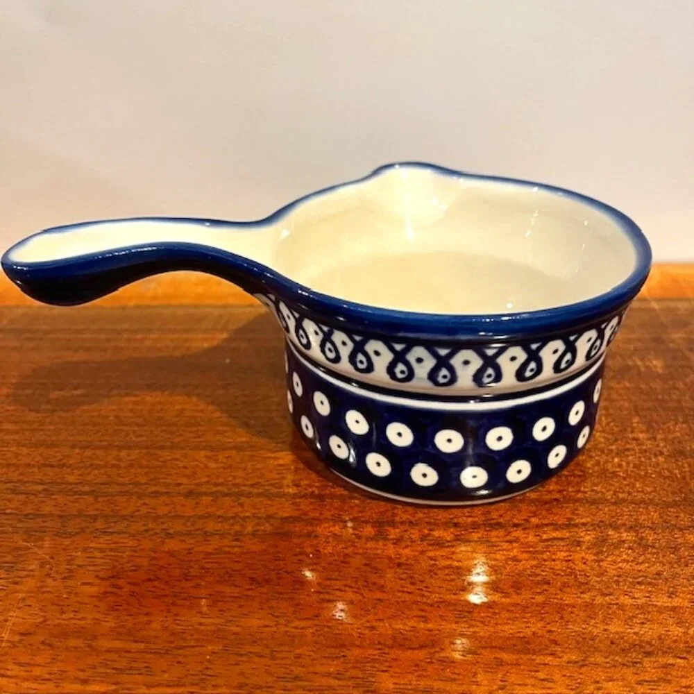 Boleslaweic Polish Pottery Blue White Handled Gravy Boat Sauce Pot Bowl - Picture 1 of 5